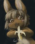 2024 5_fingers ambiguous_gender anthro arms_bent banana bangs black_background brown_body brown_ears brown_fur digital_media_(artwork) digital_painting_(artwork) eating eye_through_hair eyebrows fingers food fruit fur glistening glistening_eyes hair half-length_portrait hi_res holding_food holding_object humor inner_ear_fluff inspired_by_formal_art japanese_description keimura_ksong_(artist) lagomorph leporid looking_at_viewer made_in_abyss mammal multicolored_body multicolored_fur nanachi narehate open_mouth painting_(artwork) plant portrait rabbit saturn_devouring_his_son shaded signature simple_background solo teeth translucent translucent_hair tuft two_tone_body two_tone_fur whisker_spots whiskers white_body white_fur white_hair white_inner_ear white_sclera yellow_eyes