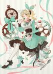  1girl apron aqua_bow aqua_bowtie aqua_dress between_fingers blonde_hair bow bow_hairband bowtie breasts brown_corset brown_sleeve_cuffs candy chocolate collared_dress corset cup double-parted_bangs dress earrings food footwear_bow frilled_apron frilled_dress frills gears gold_trim hairband heart heart-shaped_chocolate heart-shaped_food heart_earrings holding invisible_chair jewelry knees_together_feet_apart lolita_fashion long_sleeves looking_to_the_side maid_apron maid_headdress mary_janes medium_breasts medium_hair multicolored_eyes multicolored_nails multicolored_shoes original pantyhose pink_bow pink_bowtie plate shiromine_kana shoes sidelocks sitting sleeve_cuffs solo spoon stopwatch striped_background striped_bow striped_bowtie striped_clothes sweet_lolita teacup teapot vertical-striped_background watermark white_apron white_pantyhose 