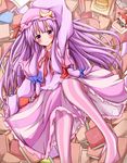  arm_up blush book bow braid capelet character_doll crescent dress graphig hair_bow hair_ribbon hat highres karamoneeze koakuma long_hair looking_at_viewer lying on_back patchouli_knowledge purple purple_dress purple_eyes purple_hair purple_legwear ribbon smile solo striped striped_dress striped_legwear thighhighs touhou vertical-striped_legwear vertical_stripes 