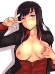  black_hair blush breasts em federica_n_doglio green_eyes nipples open_clothes open_shirt shirt strike_witches wink 