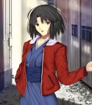  1girl black_eyes black_hair blue_kimono blurry blurry_background cowboy_shot highres iro_(sekaixiro) jacket japanese_clothes kara_no_kyoukai kimono open_clothes open_jacket outdoors red_jacket ryougi_shiki short_hair solo 