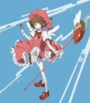  aqua_eyes bow brown_hair card cardcaptor_sakura clow_card dress full_body fuuin_no_tsue gloves hat highres kinomoto_sakura pink_hat short_hair smile solo staff thighhighs tt_(poposujp) white_gloves white_legwear wings 