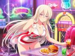  1girl blonde_hair blush breasts cleavage closed_mouth cup drink drinking_glass drinking_straw food hamburger holding holding_tray indoors large_breasts leaning_forward leo_(senran_kagura) long_hair looking_at_viewer neon_lights official_art purple_eyes senran_kagura senran_kagura_new_link sign solo standing tray very_long_hair yaegashi_nan 