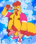 alternate_version_at_source animal_genitalia animal_penis anthro avian balls bandage bandage_on_beak bandage_on_face bathrobe bird body_hair bunny_slippers chicken clothing cowprintsoda darkened_nipples electronics epic_games ernie_the_giant_chicken family_guy feathers footwear fortnite front_view fuzzy_door_productions galliform gallus_(genus) genitals happy_trail hi_res holding_object holding_phone long_penis looking_at_viewer male markings mature_male moobs mostly_nude nipples overweight overweight_anthro overweight_male penis phasianid phone pink_clothing pink_penis presenting presenting_penis pubes red_body_hair red_markings red_pubes redesigned robe shoes slippers solo tapering_penis thick_thighs winged_hands yellow_body