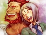  beard black_hair facial_hair fate/zero fate_(series) grey_hair laughing male_focus multiple_boys necktie red_hair rider_(fate/zero) tears waver_velvet yoshii_kyoko 