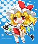  ascot blonde_hair blush_stickers chibi fang flandre_scarlet hat hat_ribbon red_eyes ribbon shirt skirt skirt_set smile solo touhou v_arms vest wings yukine 