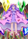 blush book bookshelf bow crescent dress floating glyph hair_bow hat jagabutter long_hair open_mouth outstretched_arms patchouli_knowledge purple_eyes purple_hair solo spread_arms touhou 
