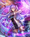  1girl alchemy blue_eyes breasts bridal_gauntlets chandelier crossed_bangs dress garter_straps hair_between_eyes indoors isabelle_(shadowverse) large_breasts long_hair looking_ahead magic_circle mew_cat_1091 multicolored_hair official_art open_mouth purple_dress purple_hair shadowverse solo standing thighhighs third-party_source two-tone_dress two-tone_hair white_hair white_thighhighs zettai_ryouiki 