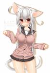  1girl animal_ears blush breasts brown_eyes cat_ears cat_tail character_name english engrish fang frown inuue_kiyu kilt_(inuue_kiyu) large_breasts long_hair looking_at_viewer original ranguage school_uniform skirt sleeves_past_wrists solo sweater tail white_hair 