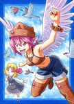  acrylic_paint_(medium) alternate_costume alternate_wings bare_shoulders bird blonde_hair boots breasts cleavage commentary_request denim denim_shorts flying hat kawachi_koorogi medium_breasts midriff multiple_girls mystia_lorelei nail_polish navel open_mouth pink_eyes pink_hair red_eyes rumia short_hair shorts smile sparrow thigh_boots thighhighs touhou traditional_media wings 