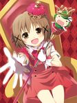  :d =_= argyle argyle_background blush brown_eyes brown_hair cane chair crown gloves hair_ornament hidamari_sketch holding open_mouth sitting smile solo ume-sensei white_gloves x_hair_ornament yume_no_owari yuno 