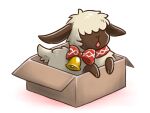 ambiguous_gender black_body black_skin bovid box canes-cm capcom caprine cardboard cardboard_box cloven_hooves container cowbell feral fur hair hair_over_eyes herbivore_(mh) hooves if_it_fits_i_sits_(meme) in_box in_container mammal meme monster_hunter moofah open_mouth red_bow_ribbon sheep simple_background snout solo white_background white_body white_fur wool_(fur)
