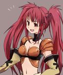  1girl breasts choker elbow_gloves gloves grey_background long_hair midriff nanaly_fletch navel open_mouth red_eyes red_hair tales_of_(series) tales_of_destiny_2 twintails 