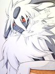  absol ambiguous_gender fur jinya nintendo plain_background pok&#233;mon pok&eacute;mon red red_eyes smoking solo table video_games white_fur 