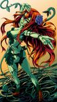  batman_(series) blue_flower blue_rose breasts cleavage cony_(la_locura) dc_comics flower green_eyes green_skin hair_flower hair_ornament high_heels highres large_breasts orange_hair plant plant_girl poison_ivy red_hair rose shoes solo vines 