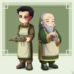 2boys apron avatar:_the_last_airbender avatar_legends balding beard black_hair burn_scar closed_eyes closed_mouth elene7 facial_hair green_background green_theme highres holding iroh male_focus multiple_boys old old_man scar scar_on_face short_hair signature simple_background smile teapot uncle_and_nephew very_short_hair yellow_eyes zuko 