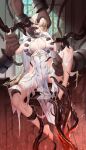  1girl absurdres blonde_hair blue_eyes breasts chinese_commentary closers commentary_request covered_nipples flame&#039;s_daughter full_body gold_trim grabbing_another&#039;s_breast groping hand_to_own_mouth highres indoors large_breasts large_hands large_variant_set long_hair looking_at_viewer parted_lips pelvic_curtain restrained solo spread_legs stained_glass swd3e2 tentacles torn_clothes variant_set very_long_hair 