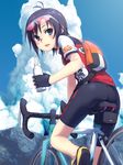  antenna_hair ass bicycle bike_shorts black_eyes black_hair blue_sky bottle clothes_writing cloud day eyewear_on_head fingerless_gloves fudama gloves ground_vehicle idolmaster idolmaster_(classic) kikuchi_makoto looking_back parted_lips short_hair sky solo sunglasses sweat water_bottle 