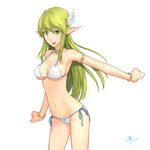  bikini bracelet breasts cleavage covered_nipples dan_(kumadan) elsword grand_archer_(elsword) green_eyes green_hair head_wings jewelry long_hair looking_at_viewer medium_breasts navel necklace open_mouth pointy_ears rena_(elsword) shiny shiny_skin side-tie_bikini simple_background smile solo strap_gap swimsuit white_background 