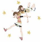  bike_shorts brown_eyes brown_hair futami_ami futami_mami highres hood hoodie idolmaster idolmaster_(classic) long_hair multiple_girls shoes short_hair side_ponytail skirt smile sneakers tt_(poposujp) 