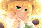  blonde_hair blush camisole chin_rest copyright_request flower green_eyes hand_on_own_cheek hands_on_own_face hat hatachi looking_at_viewer lying on_stomach portrait solo straw_hat sunflower yellow 