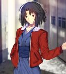 1girl black_eyes black_hair blue_kimono blurry blurry_background cowboy_shot highres iro_(sekaixiro) jacket japanese_clothes kara_no_kyoukai kimono open_clothes open_jacket outdoors red_jacket ryougi_shiki short_hair solo 