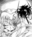  :} arukime barasuishou closed_eyes dual_wielding eyepatch flower greyscale hair_ornament holding long_hair monochrome rozen_maiden silhouette smile solo twintails very_long_hair 