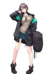  1girl akiyama_cz4a aqua_jacket artist_name backpack bag black_jacket black_shoes blue_skirt breasts brown_hair brown_sweater_vest clenched_teeth collarbone collared_shirt earrings ears_visible_through_hair fang finger_to_mouth full_body grin head_tilt heart heart_earrings highres holding holding_bag jacket jewelry knees long_sleeves looking_at_viewer medium_breasts miniskirt mole mole_under_mouth open_clothes open_jacket original pleated_skirt shirt shoes short_hair signature simple_background skirt smile solo standing sweater_vest teeth thighs unzipped white_background white_shirt zipper zipper_pull_tab 