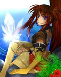  1girl belt breasts crystal elbow_gloves flower gloves long_hair midriff nanaly_fletch purple_eyes red_hair short_shorts shorts sitting smile tales_of_(series) tales_of_destiny_2 thighhighs twintails water 