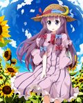  alternate_headwear blue_eyes blue_sky blush book capelet cloud crescent day dress field flower flower_field hair_ribbon hat hat_ribbon jacket long_hair open_clothes open_jacket open_mouth patchouli_knowledge pink_dress purple_hair ribbon ruu_(tksymkw) sky solo straw_hat striped striped_dress sunflower touhou 