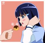  aoki_reika blue_eyes blue_hair blush eyelashes feeding food hime_cut kueru_(yuuki_tamerawanai) long_hair nanairogaoka_middle_school_uniform precure school_uniform smile_precure! solo_focus takoyaki tongue tongue_out 