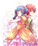  alternate_costume androgynous back-to-back blue_eyes blue_hair dress elbow_gloves gloves gown hair_ribbon hikari_(pokemon) kousetsu long_hair looking_at_viewer multiple_girls nozomi_(pokemon) pokemon pokemon_(anime) pokemon_dp_(anime) red_eyes red_hair ribbon short_hair smile 