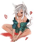  animal_ears bare_shoulders barefoot breasts butterfly_sitting cardigan cat_ears cat_tail dark_skin hands_on_feet heart medium_breasts naked_sweater navel off_shoulder one_eye_closed open_cardigan open_clothes original red_eyes sasetsu silver_hair simple_background sitting sleeves_pushed_up smile solo sweater tail 