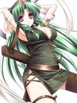  arms_up black_legwear braid breasts clipboard diffraction_spikes earrings green_hair hair_over_shoulder hat highres jewelry long_hair medium_breasts moneti_(daifuku) nurse original purple_eyes simple_background single_thighhigh solo thighhighs twin_braids white_background 