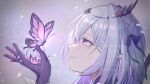 1girl bug butterfly castorice_(honkai:_star_rail) from_side grey_hair hair_ribbon hand_up highres honkai:_star_rail honkai_(series) kopi_(user_ajtn7422) long_hair profile purple_eyes purple_ribbon ribbon solo 