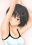  amagami armpits arms_up black_hair blush bob_cut breasts brown_eyes cleavage gradient gradient_background highres medium_breasts murasaki_iro nanasaki_ai one_eye_closed parted_lips pink_background short_hair solo stretch tan tank_top tanline upper_body white_background 