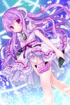  amrita bad_id bad_pixiv_id bow chain dress frilled_dress frills glowing hair_ribbon highres holding horns jewelry lock long_hair necklace panties pantyshot pink_eyes pouch purple_hair ratise ribbon solo sword_girls underwear very_long_hair walking white_panties 