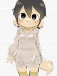 2025 5_fingers absurd_res anthro areola barely_visible_nipples belly blush breasts canid canine canis clothed clothing covering covering_breasts covering_nipples domestic_dog eyelashes female fingers floppy_ears fur grey_background hair hi_res kemono konomi_(oposa) legwear looking_at_viewer mammal meme meme_clothing meme_shirt nipples oposa pattern_clothing pattern_legwear pattern_thigh_highs portrait shirt simple_background slightly_chubby solo standing tail tan_body thigh_gap thigh_highs three-quarter_portrait topwear translucent