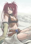  1girl belt breasts choker cleavage elbow_gloves gloves long_hair midriff nanaly_fletch navel purple_eyes red_hair short_shorts shorts smile tales_of_(series) tales_of_destiny_2 thighhighs twintails 
