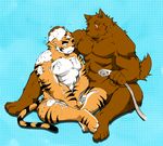  4dll3r bath blush canine feline joey_(kokuhane) kokuhane kyle_(kokuhane) male muscles nude plain_background sitting smile tiger 