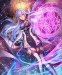  1girl alchemy blue_eyes bookshelf breasts bridal_gauntlets chandelier crossed_bangs dress garter_straps hair_between_eyes indoors isabelle_(shadowverse) large_breasts long_hair looking_at_viewer magic_circle mew_cat_1091 multicolored_hair official_art open_mouth purple_dress purple_hair shadowverse shelf solo stairs standing thighhighs third-party_source two-tone_dress two-tone_hair white_hair white_thighhighs 