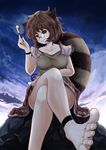  animal_ears anklet bare_legs barefoot blue_sky brown_eyes brown_hair collarbone crossed_legs feet foreshortening futatsuiwa_mamizou glasses jewelry kiseru kurona leaf leaf_on_head pince-nez pipe pov_feet raccoon_ears raccoon_tail shirt short_hair sitting sitting_on_rock skirt sky solo tail tanuki toes touhou 