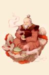 1boy absurdres avatar:_the_last_airbender avatar_legends bald balding beard closed_eyes closed_mouth cup dansialz facial_hair hair_bun highres holding holding_cup iroh long_hair long_sleeves male_focus old old_man plant rock simple_background sitting smile solo steam tea teapot topknot white_hair 