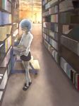  azurei_(rofo) blue_eyes blue_hair book glasses library short_hair solo sunset tabitha thighhighs zero_no_tsukaima 