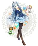  2boys ascot_(rayearth) black_hairband blazer blue_eyes blue_hair blue_legwear blue_skirt boots brown_hair chibi circlet clef_(rayearth) cross-laced_footwear full_body hair_over_eyes hair_over_one_eye hairband hat heart heart_background iyutani jacket lace-up_boots light_blue_hair long_hair magic_knight_rayearth miniboy multiple_boys pants pantyhose robe ryuuzaki_umi school_uniform shoes skirt smile staff white_hair 