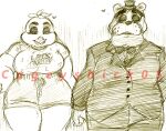 2015 anthro artist_name avian beak bear bent_arm big_breasts bird black_eyebrows black_eyelids bottomwear bow_tie breasts button_(fastener) cageyshick05_(artist) chica_(fnaf) chicken closed_smile clothed clothed_anthro clothed_female clothed_male clothing duo english_description english_text eyebrows eyes_closed feather_hair feathers female female_anthro fingers five_nights_at_freddy&#039;s freddy_(fnaf) fully_clothed fully_clothed_anthro fully_clothed_female fully_clothed_male galliform gallus_(genus) hand_behind_back hand_holding hat headgear headwear heart_symbol interspecies love male male/female male_anthro mammal monochrome mouth_closed non-mammal_breasts pants pen_(artwork) phasianid portrait pseudo_hair scottgames shorts simple_background sketch smile suit text text_on_t-shirt thick_eyebrows thick_thighs three-quarter_portrait top_hat traditional_media_(artwork) whisker_spots white_background yellow_and_white yellow_bottomwear yellow_bow_tie yellow_clothing yellow_pants yellow_shorts yellow_suit yellow_top_hat