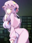  bad_id bad_pixiv_id blush bookshelf breasts crescent dress hat highres large_breasts long_hair patchouli_knowledge purple_eyes purple_hair solo touhou yoi_tosui 