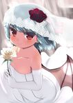  bare_shoulders bat_wings blue_hair blush bridal_veil dress elbow_gloves flat_chest flower formal gigokku gloves hair_ornament looking_at_viewer red_eyes remilia_scarlet ribbon short_hair smile solo touhou veil wedding_dress white wings 