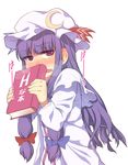  akihazama blush book capelet coat covering crescent dress ear_blush full-face_blush hair_ribbon hat holding holding_book long_hair open_clothes open_coat open_mouth patchouli_knowledge purple_eyes purple_hair ribbon solo striped striped_dress touhou 