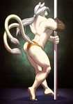  back_turned biceps bng butt cat dancing feline hair lion looking_at_viewer looking_back male mammal multiple_tails muscles pecs pole ponytail scar smile solo standing stripper tail_clothing teasing thong underwear white_hair 